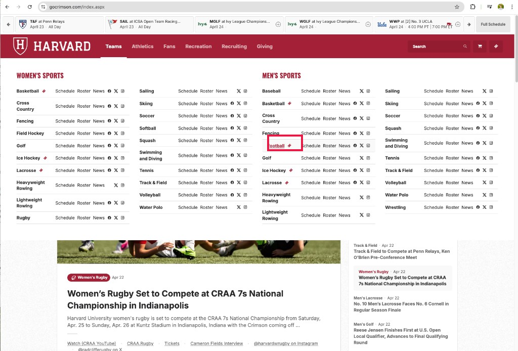 Teams menu: pick your sport (Football outlined)